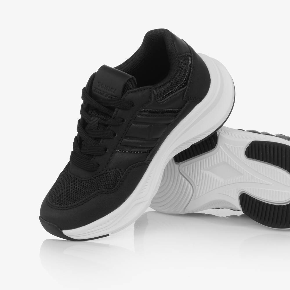Tommy Hilfiger-Girls Black Faux Leather & Mesh Lace-up Trainers | Childrensalon Outlet