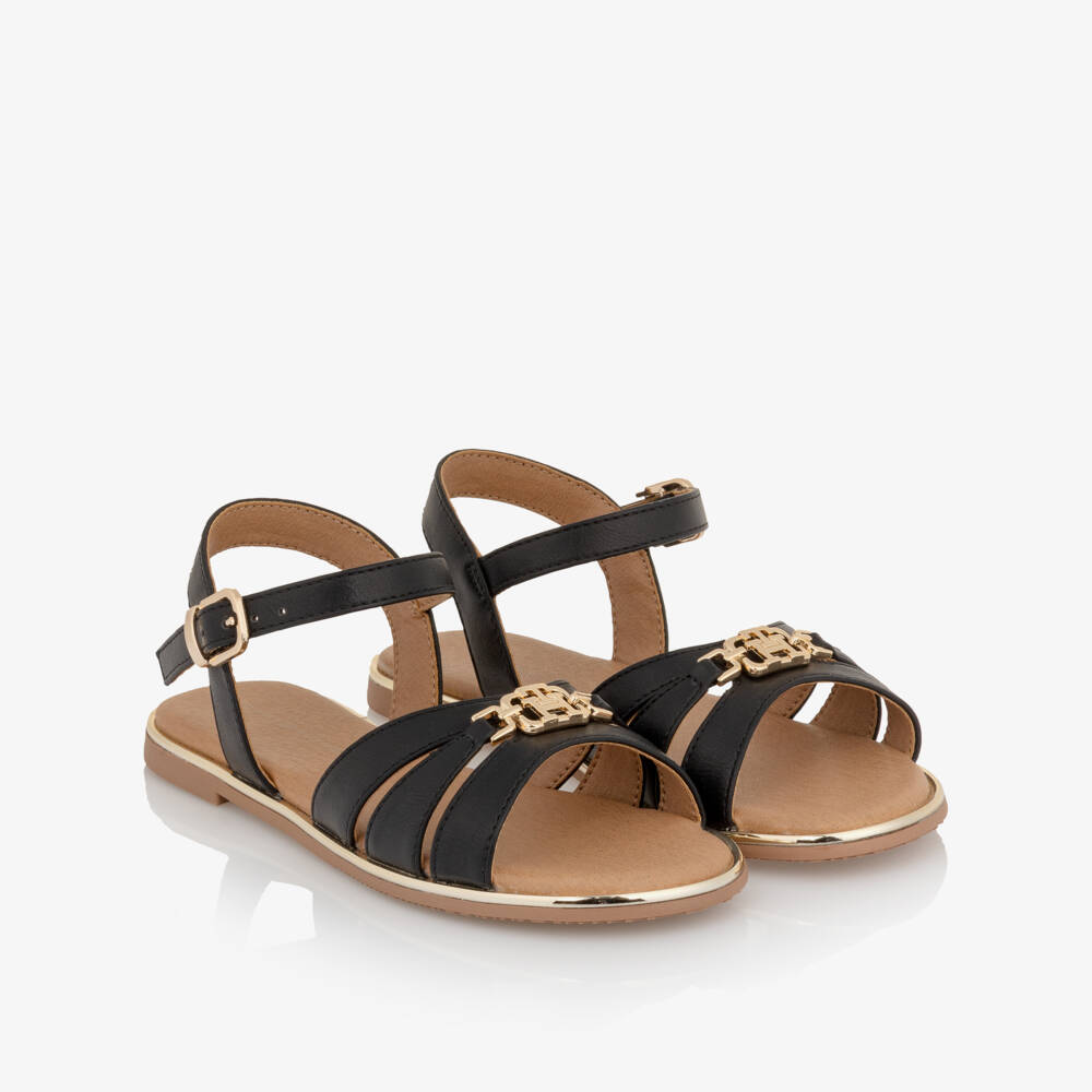 Tommy Hilfiger-Girls Black Faux Leather Sandals with Gold Trim | Childrensalon Outlet
