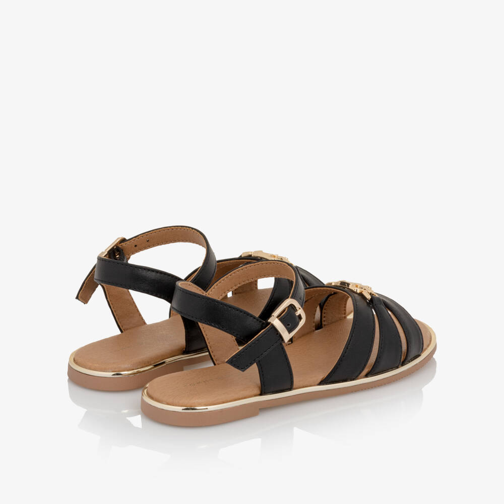 Tommy Hilfiger-Girls Black Faux Leather Sandals with Gold Trim | Childrensalon Outlet