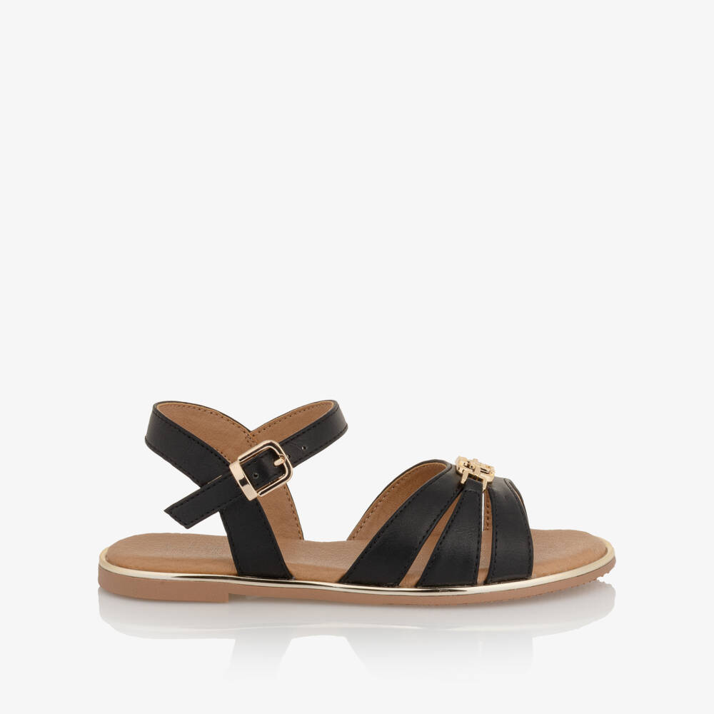Tommy Hilfiger-Girls Black Faux Leather Sandals with Gold Trim | Childrensalon Outlet