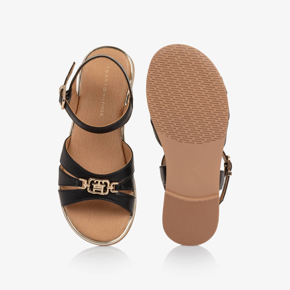 Tommy Hilfiger-Girls Black Faux Leather Sandals with Gold Trim | Childrensalon Outlet