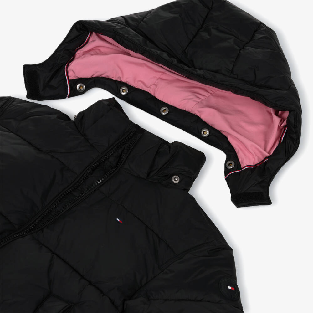 Tommy Hilfiger-Girls Black Hooded Puffer Jacket with Flag Logo | Childrensalon Outlet