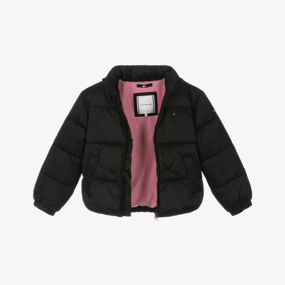 Tommy Hilfiger-Girls Black Hooded Puffer Jacket with Flag Logo | Childrensalon Outlet