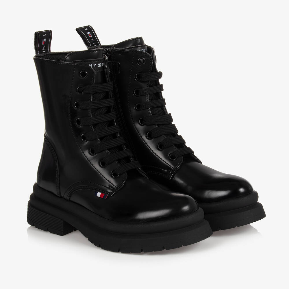 Tommy Hilfiger - Girls Black Lace-Up Logo Boots | Childrensalon