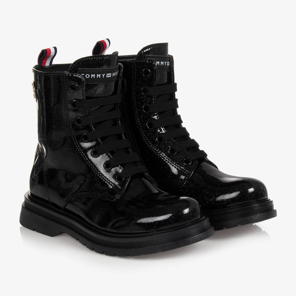 Tommy Hilfiger - Girls Black Patent Logo Boots | Childrensalon