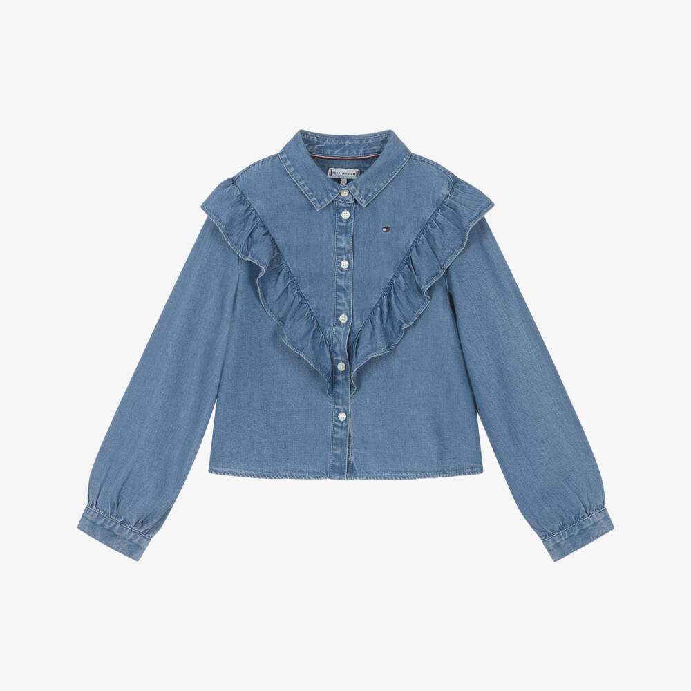Tommy Hilfiger-Girls Blue Chambray Lyocell Ruffle Blouse | Childrensalon Outlet