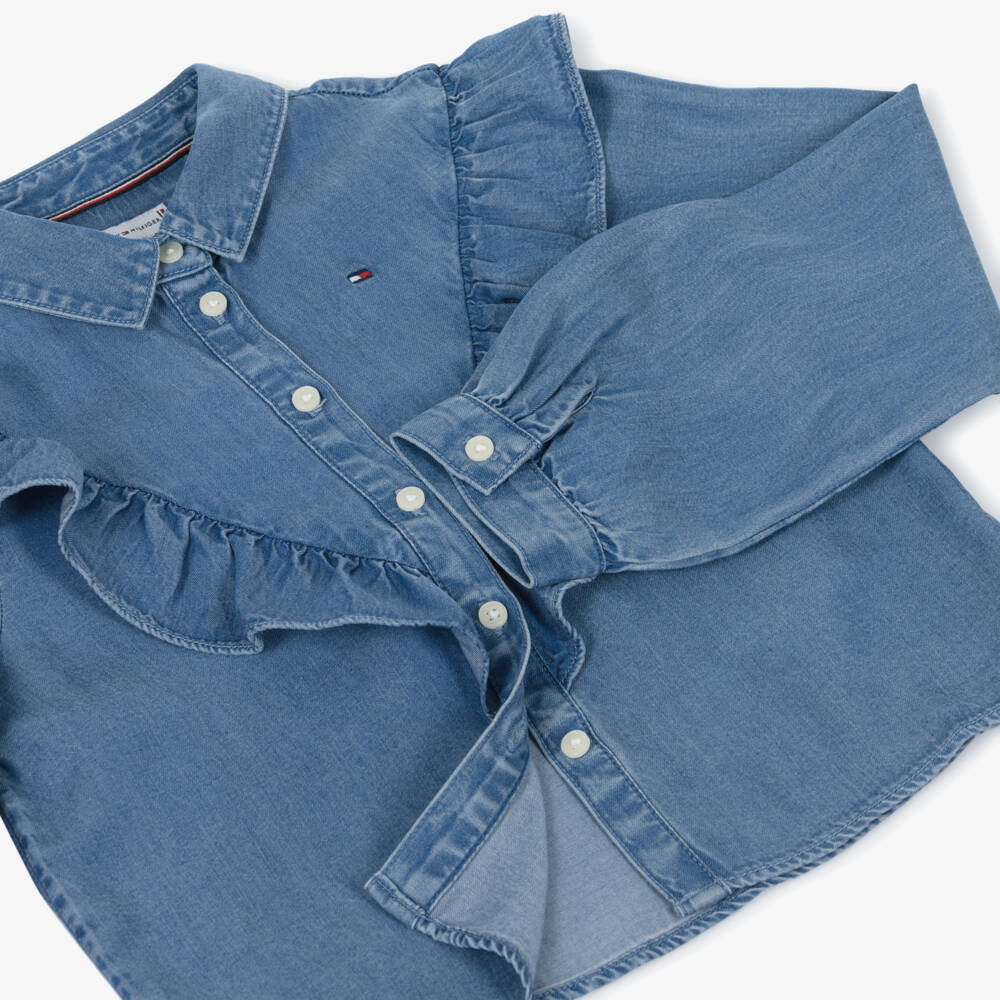 Tommy Hilfiger-Girls Blue Chambray Lyocell Ruffle Blouse | Childrensalon Outlet