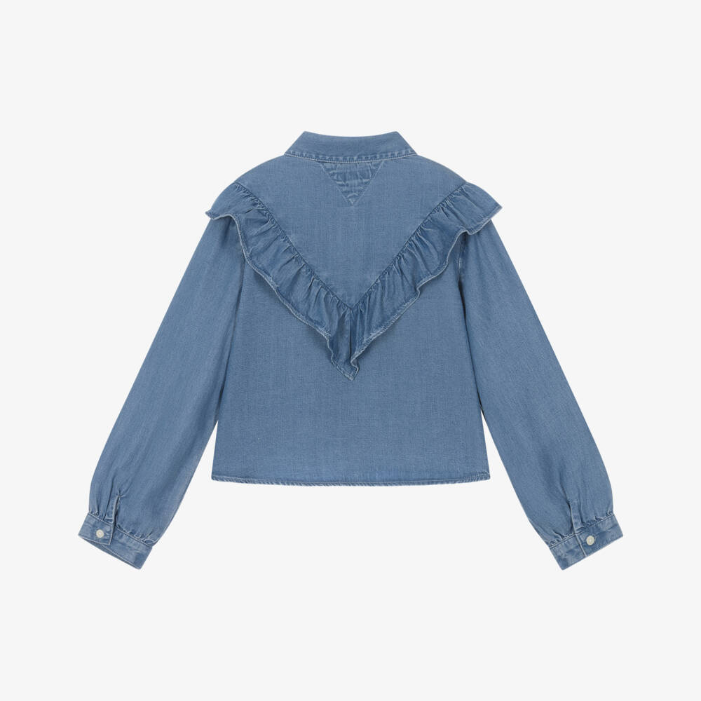 Tommy Hilfiger-Girls Blue Chambray Lyocell Ruffle Blouse | Childrensalon Outlet