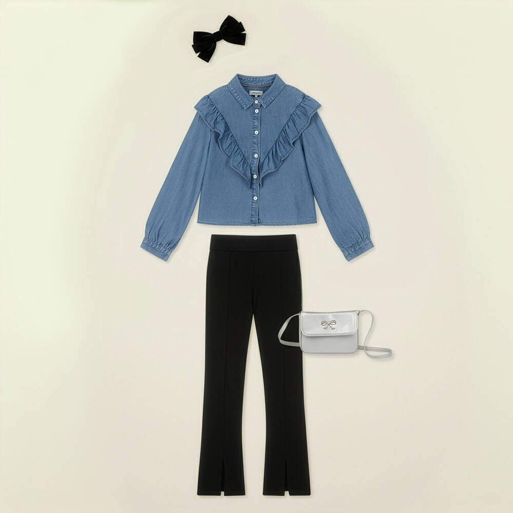 Tommy Hilfiger-Girls Blue Chambray Lyocell Ruffle Blouse | Childrensalon Outlet