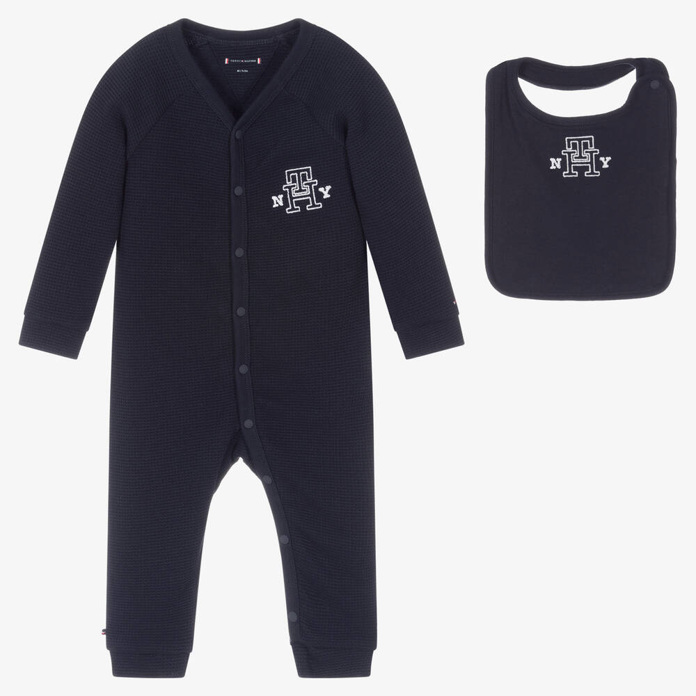 Tommy Hilfiger - Girls Blue Cotton Babysuit & Bib Set | Childrensalon