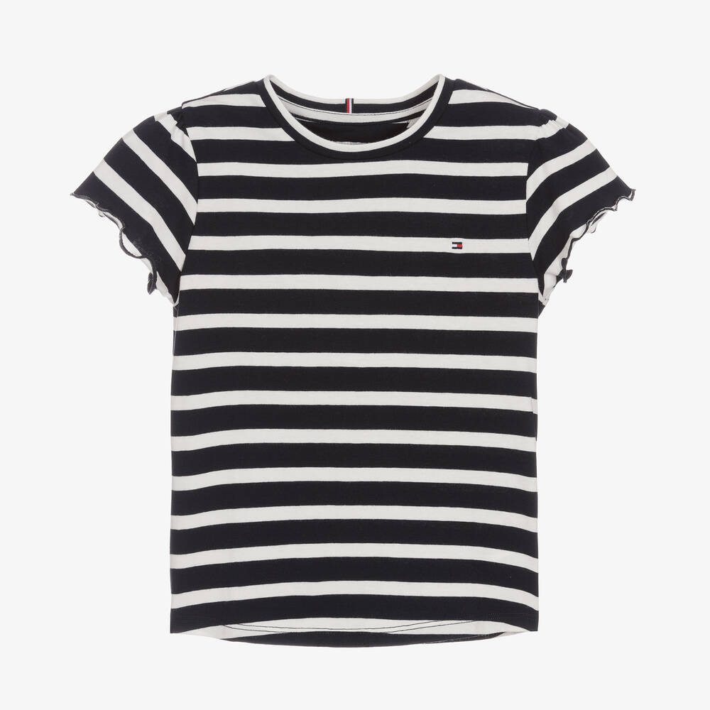 Tommy Hilfiger - Girls Blue Cotton Breton Stripe T-Shirt | Childrensalon