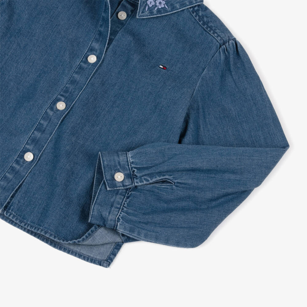 Tommy Hilfiger-Girls Blue Denim Blouse with Embroidered Collar | Childrensalon Outlet