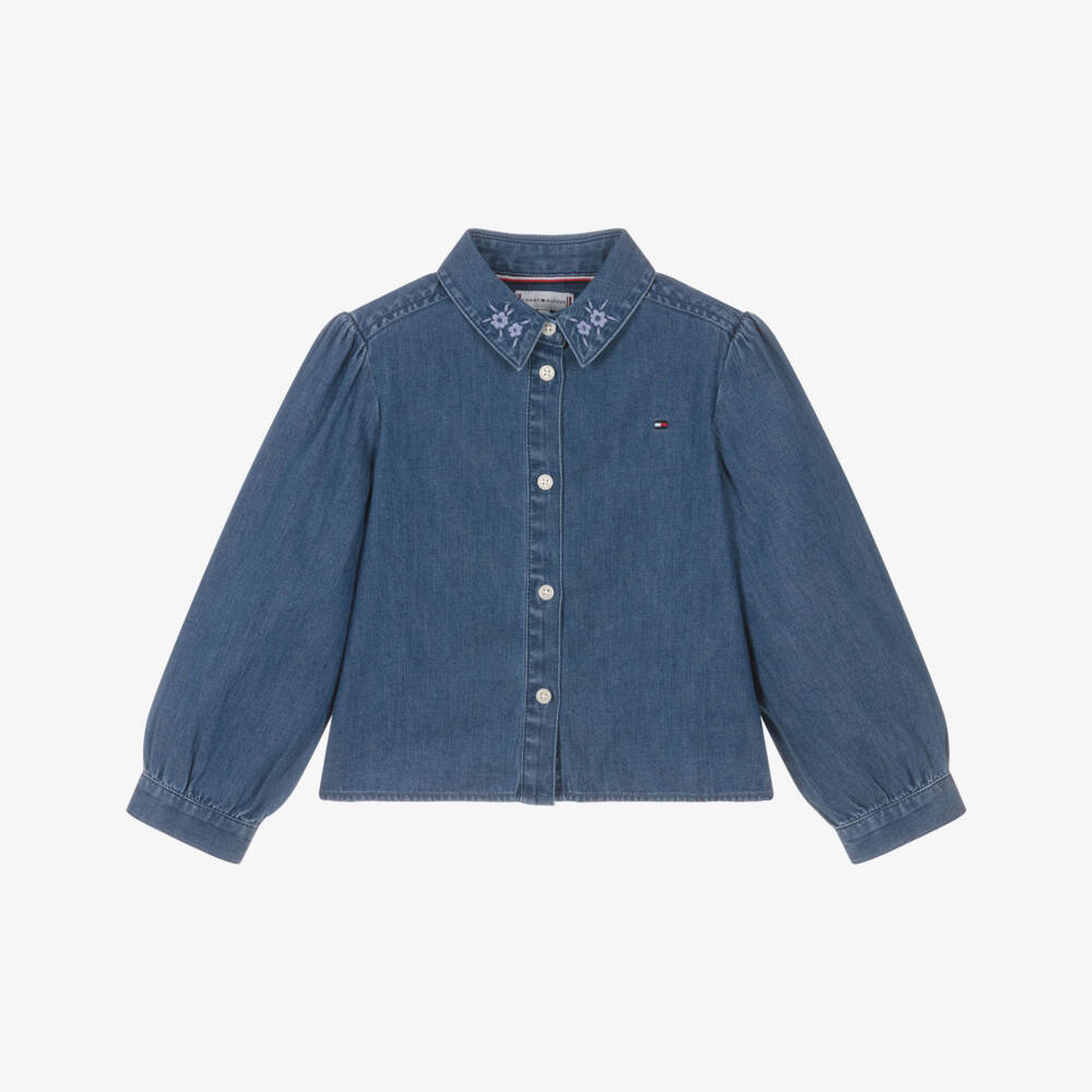 Tommy Hilfiger-Girls Blue Denim Blouse with Embroidered Collar | Childrensalon Outlet