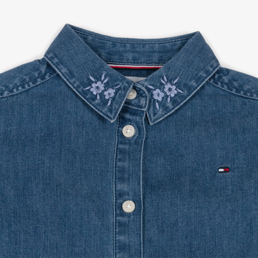 Tommy Hilfiger-Girls Blue Denim Blouse with Embroidered Collar | Childrensalon Outlet