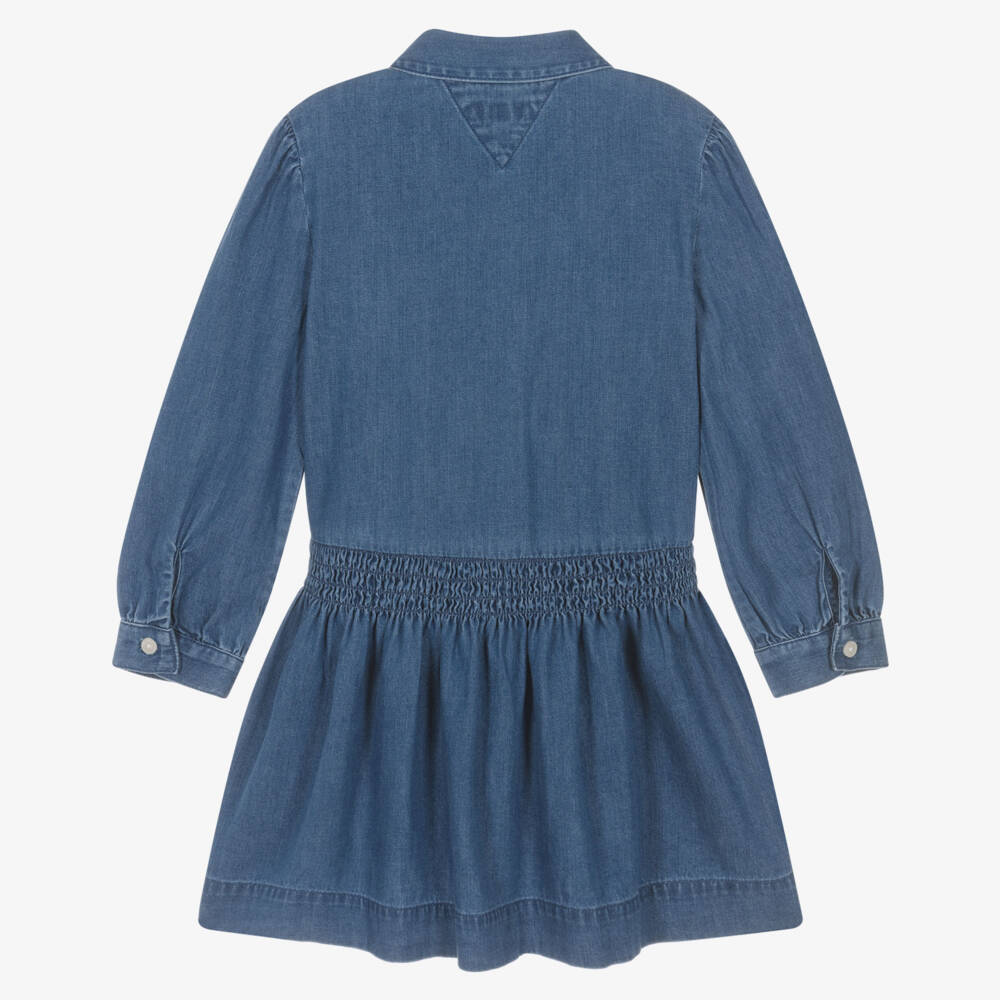 Tommy Hilfiger-Girls Blue Denim Dress with Floral Embroidered Collar | Childrensalon Outlet