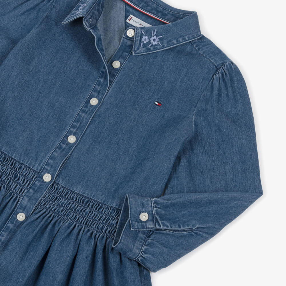 Tommy Hilfiger-Girls Blue Denim Dress with Floral Embroidered Collar | Childrensalon Outlet