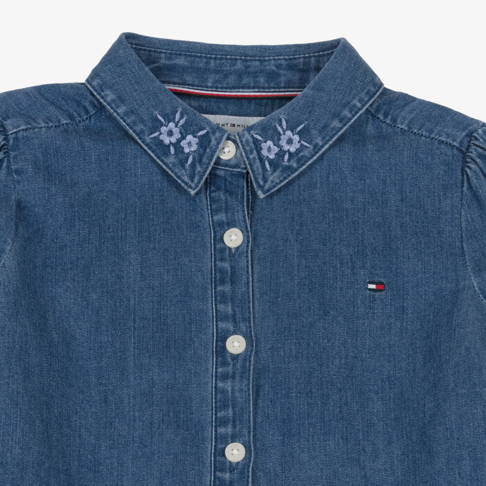 Tommy Hilfiger-Girls Blue Denim Dress with Floral Embroidered Collar | Childrensalon Outlet