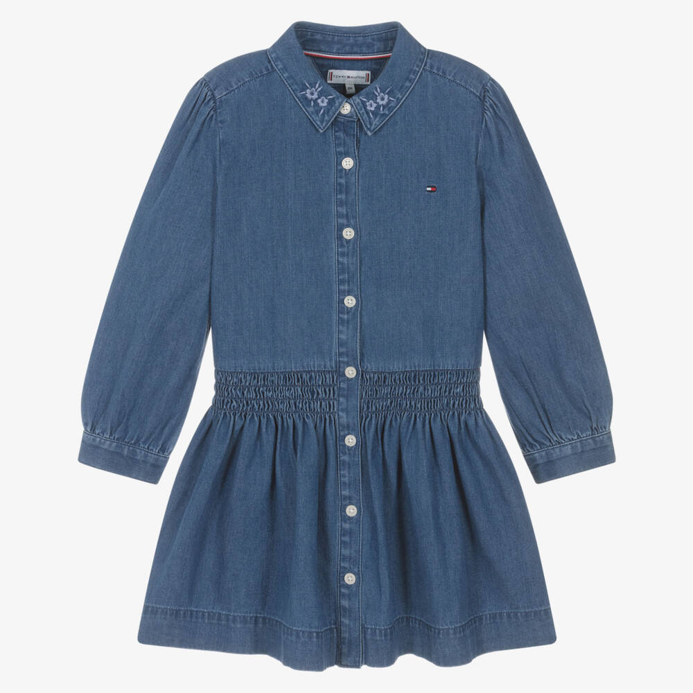 Tommy Hilfiger-Girls Blue Denim Dress with Floral Embroidered Collar | Childrensalon Outlet