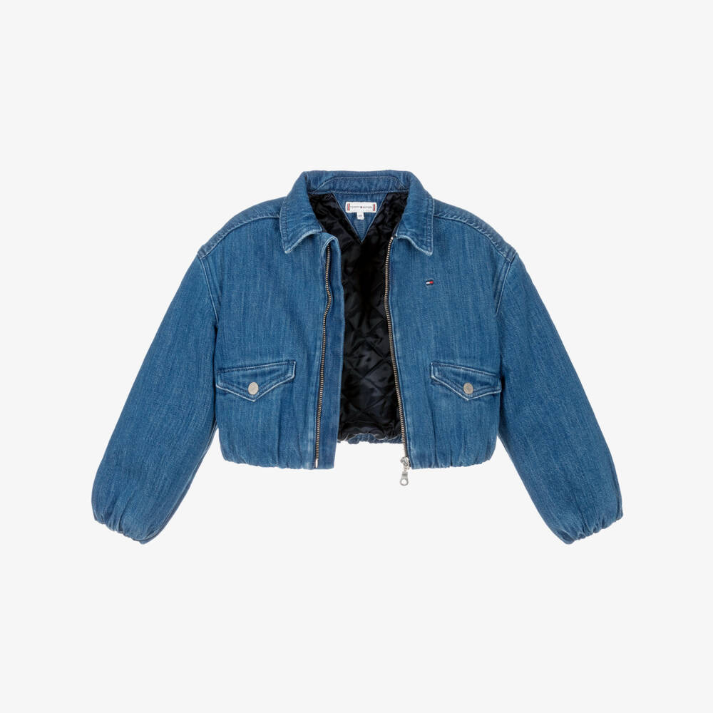 Tommy Hilfiger-Girls Blue Denim Jacket with Flag & Monotype Logos | Childrensalon Outlet