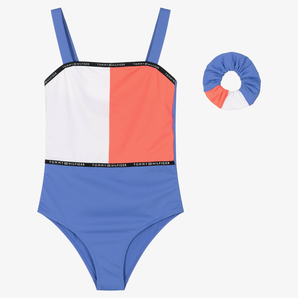 Tommy Hilfiger - Girls Blue Flag Logo Swimsuit | Childrensalon