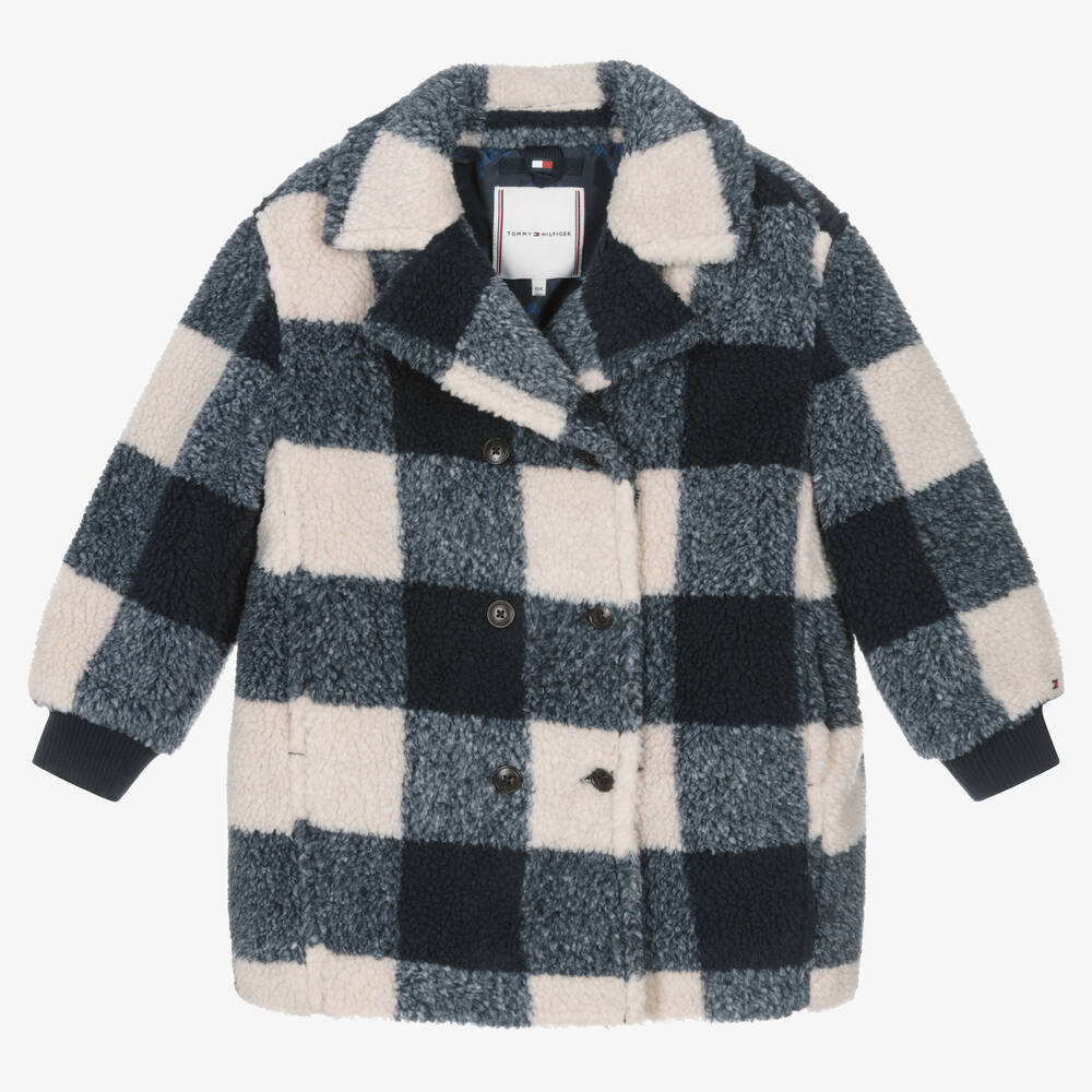 Tommy Hilfiger - Girls Blue & Ivory Gingham Check Coat | Childrensalon