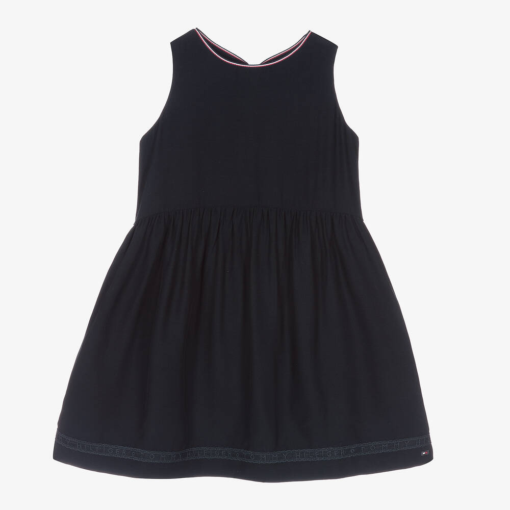 Tommy Hilfiger - Girls Blue Logo Lace Trim Dress | Childrensalon