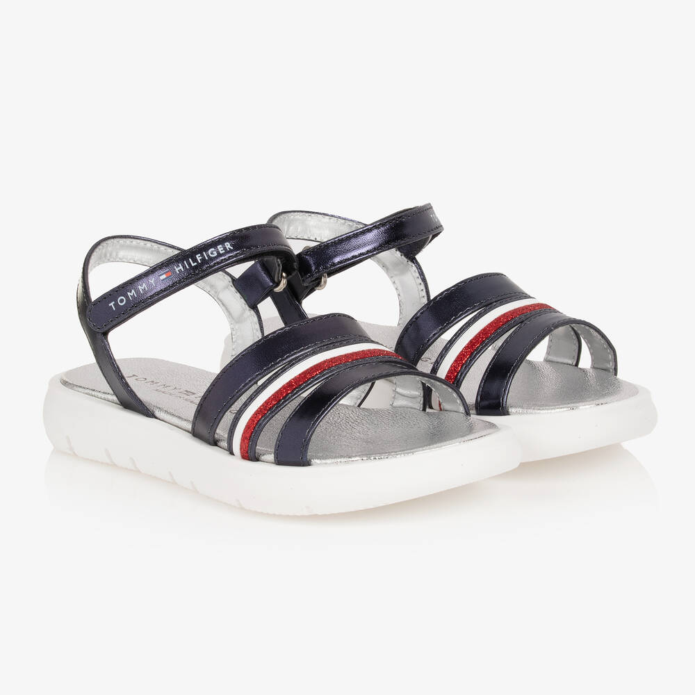 Tommy Hilfiger - Girls Blue Metallic Stripe Sandals | Childrensalon