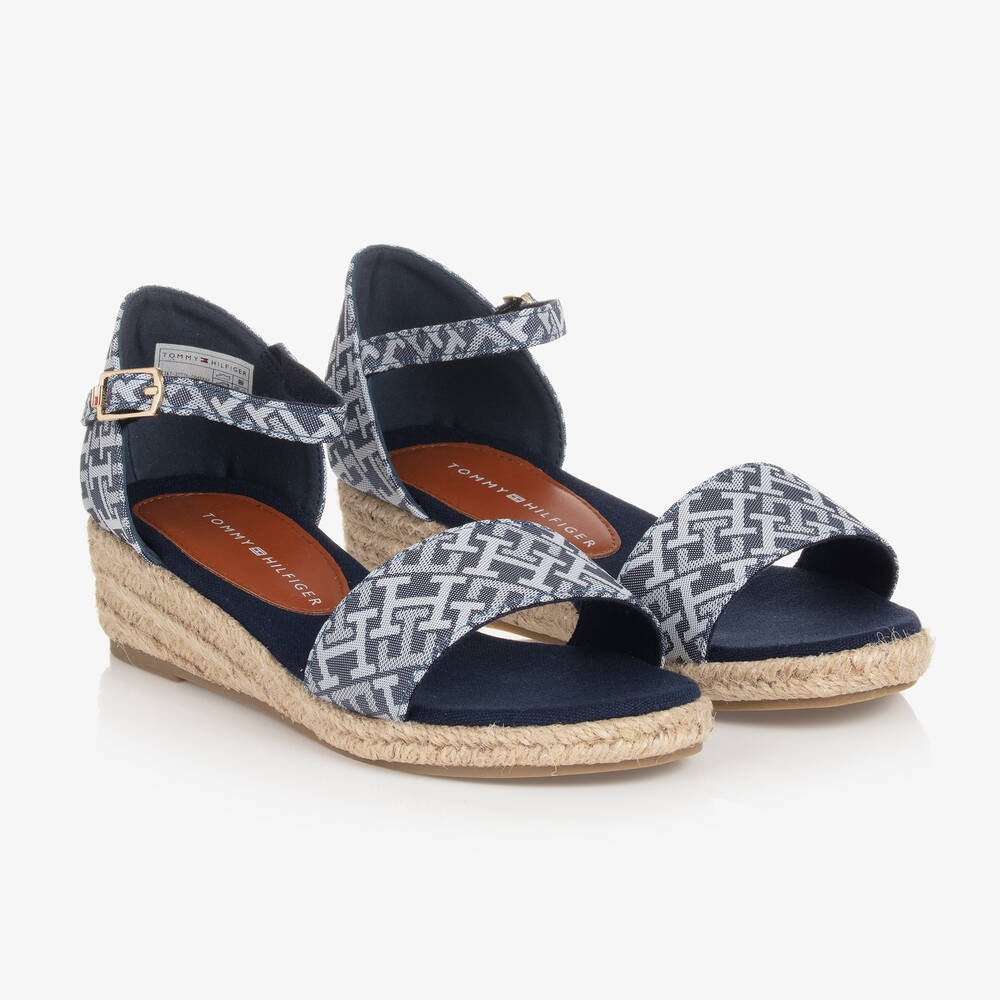 Tommy Hilfiger - Girls Blue Monogram Logo Wedge Sandals | Childrensalon