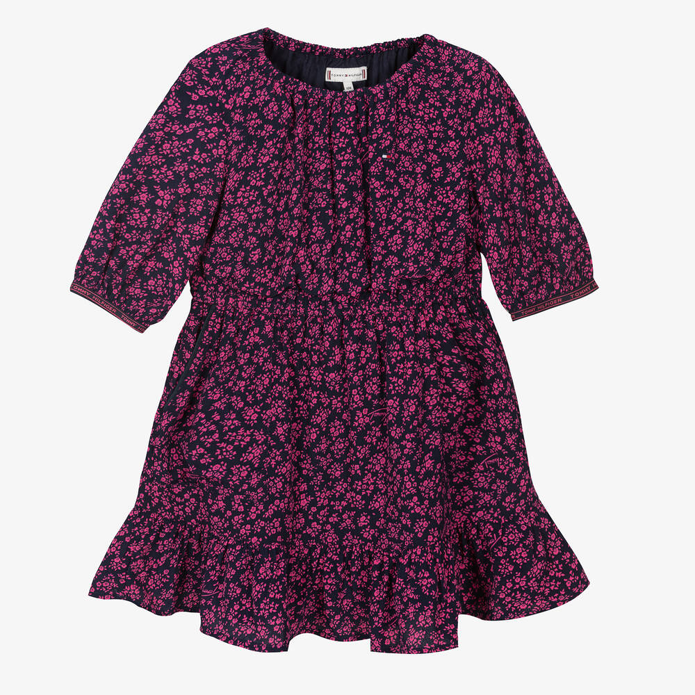 Tommy Hilfiger - Girls Blue & Pink Floral Crêpe Dress | Childrensalon