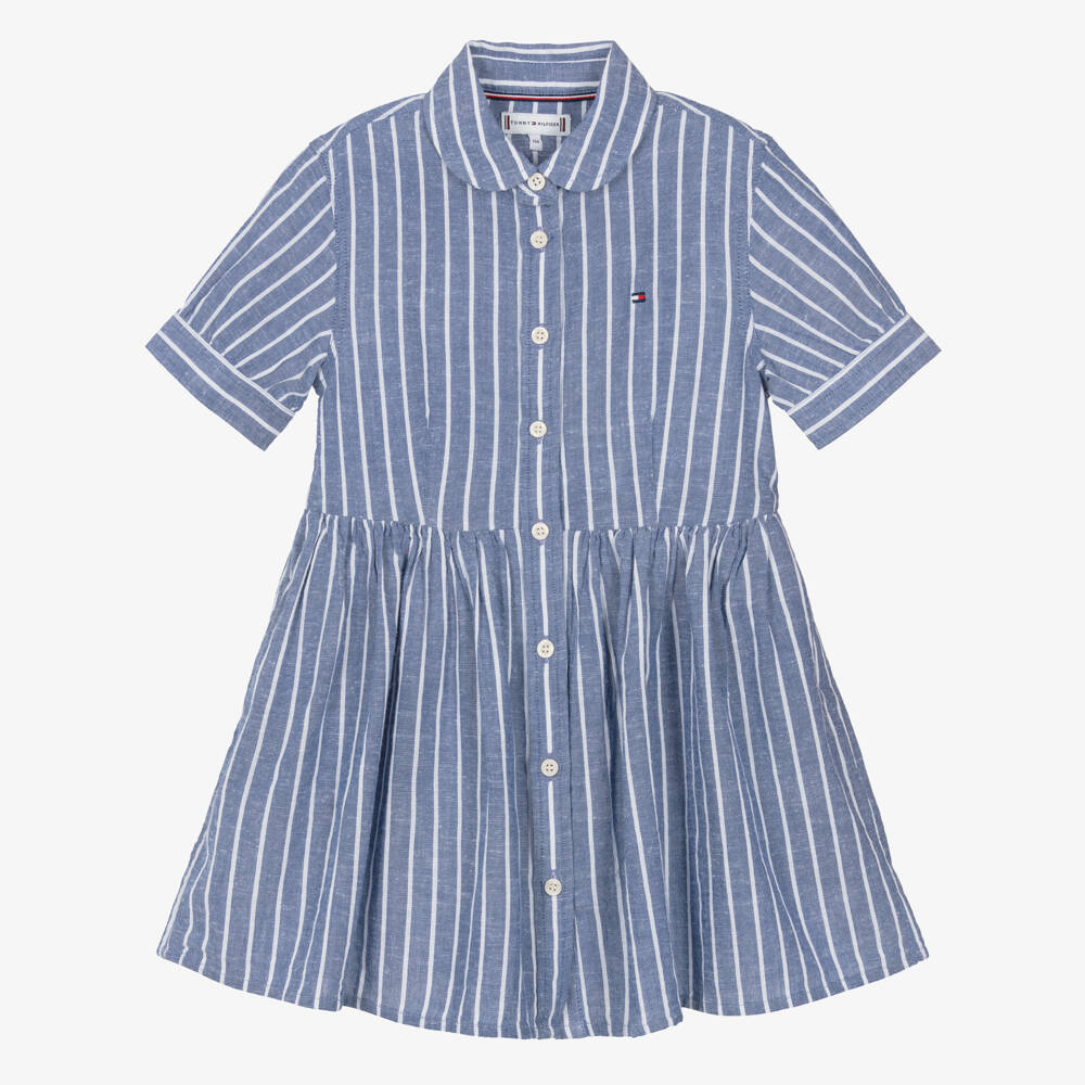Tommy Hilfiger-فستان بناتي أزرق مخطط من الكتان والقطن | Childrensalon Outlet