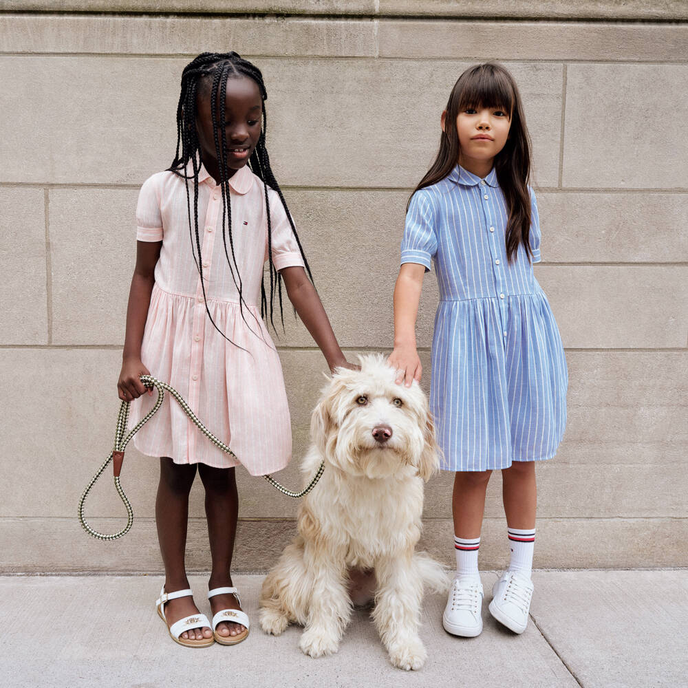 Tommy Hilfiger-Girls Blue Pinstripe Linen & Cotton Dress | Childrensalon Outlet