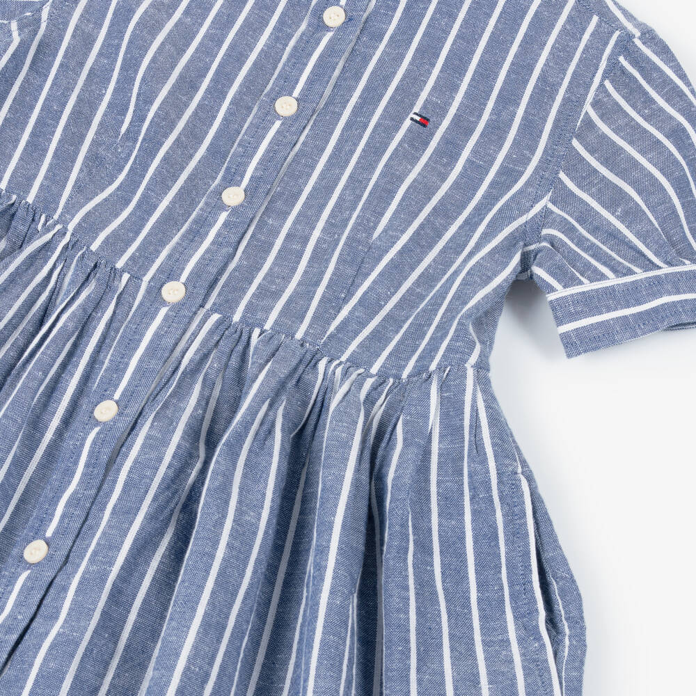 Tommy Hilfiger-Girls Blue Pinstripe Linen & Cotton Dress | Childrensalon Outlet