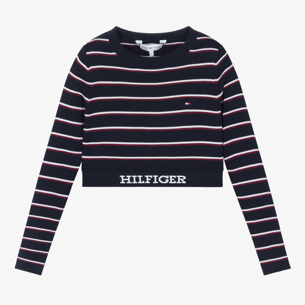 Tommy Hilfiger - Girls Blue & Red Stripe Cropped Sweater | Childrensalon