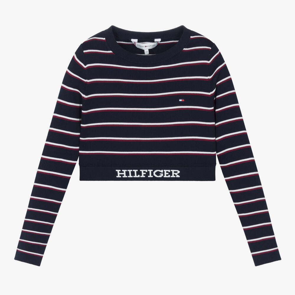 Tommy Hilfiger - بلوفر قصير مقلم محبوك لون كحلي وأحمر للبنات | Childrensalon