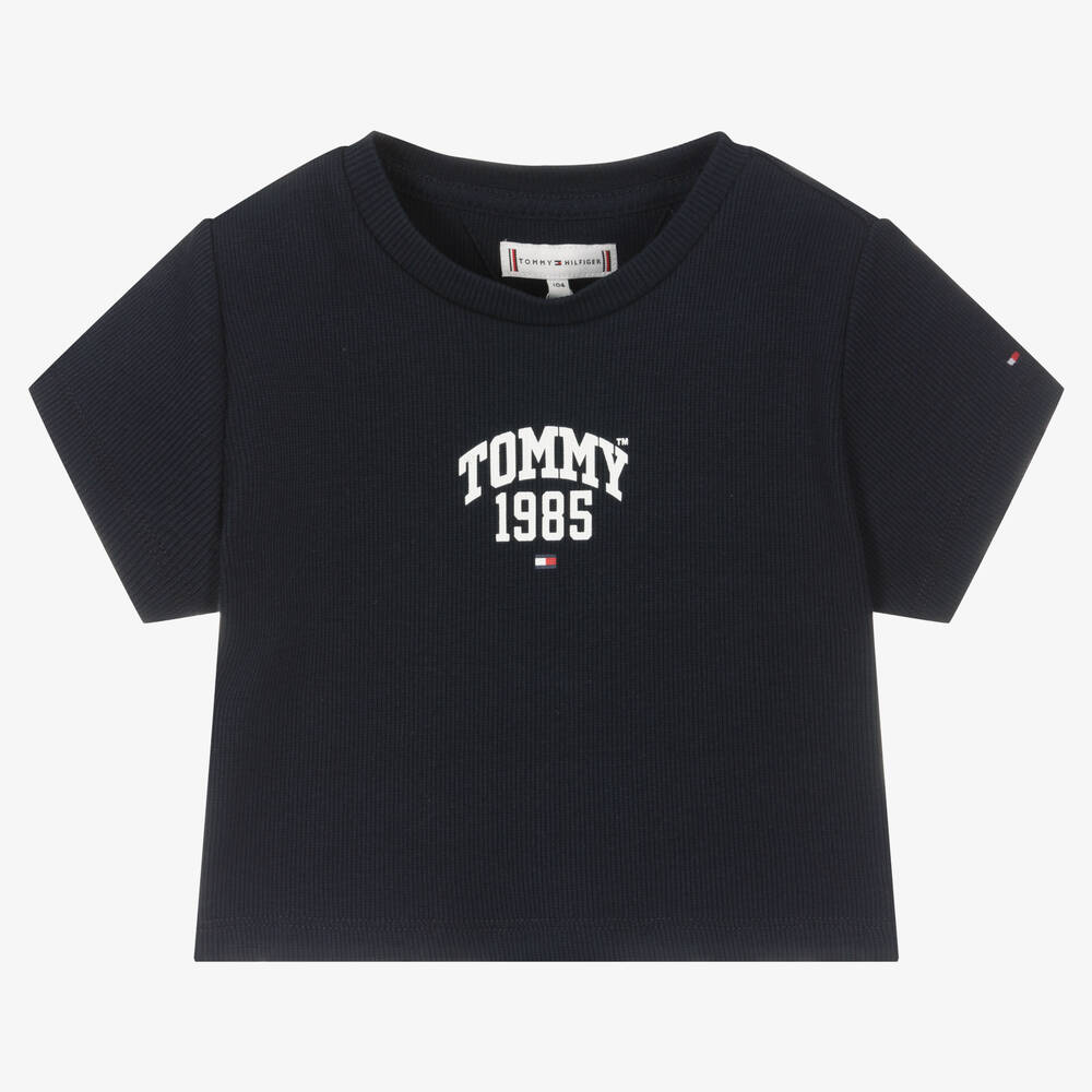 Tommy Hilfiger - Girls Blue Ribbed Cotton Logo T-Shirt | Childrensalon