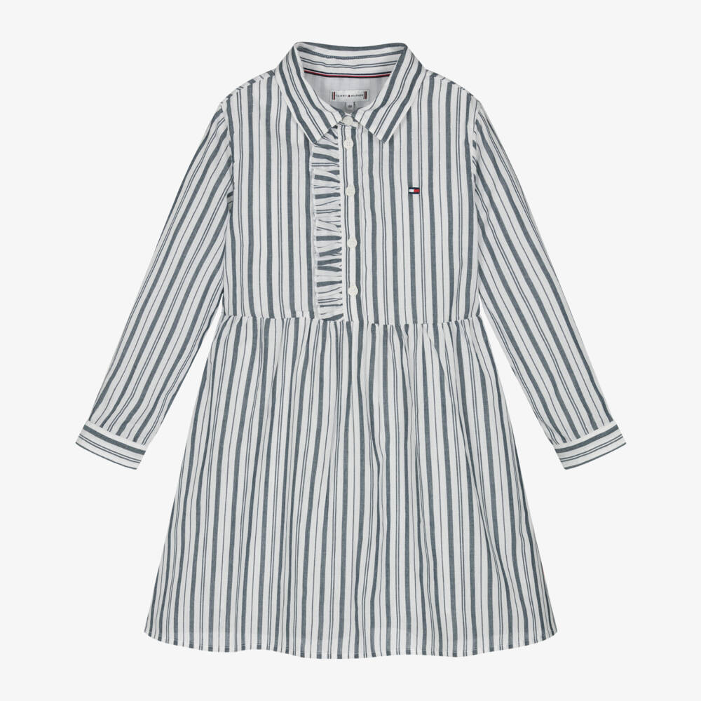 Tommy Hilfiger-فستان قميص مقلم قطن لون أبيض | Childrensalon Outlet