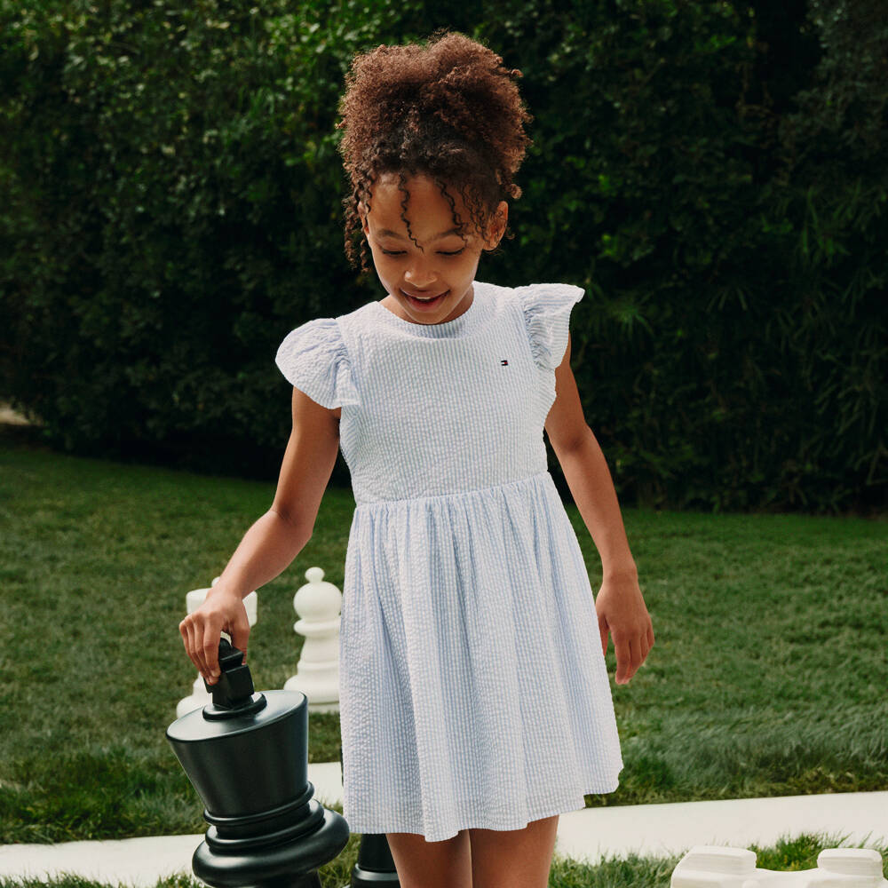 Tommy Hilfiger-Girls Blue Striped Cotton Seersucker Dress | Childrensalon Outlet