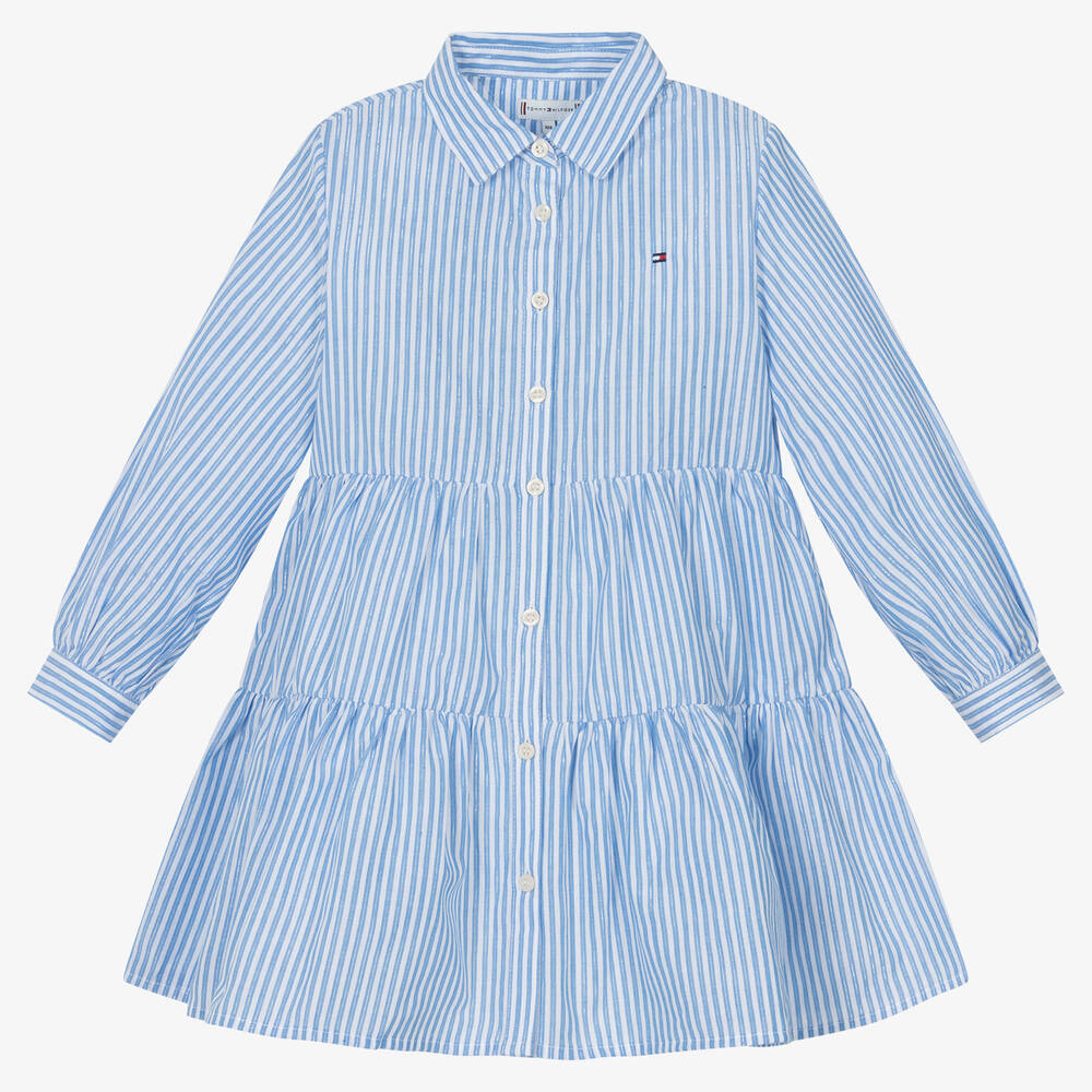 Tommy Hilfiger - Girls Blue Striped Cotton Shirt Dress | Childrensalon