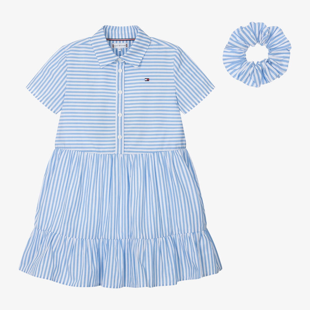 Tommy Hilfiger Girls Blue Striped Cotton Shirt Dress Childrensalon Outlet