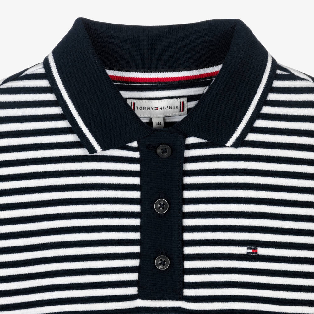 Tommy Hilfiger-Girls Blue & White Striped Cotton Polo Shirt | Childrensalon Outlet