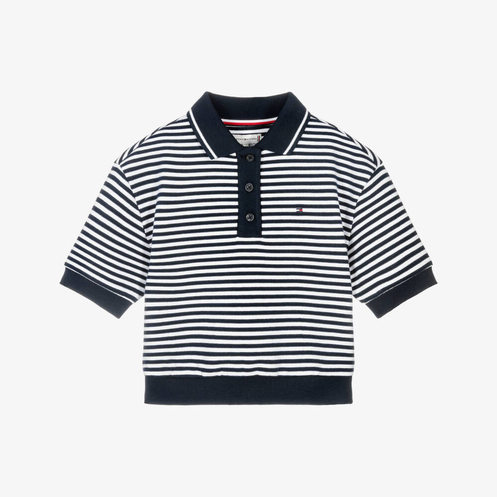 Tommy Hilfiger-Girls Blue & White Striped Cotton Polo Shirt | Childrensalon Outlet