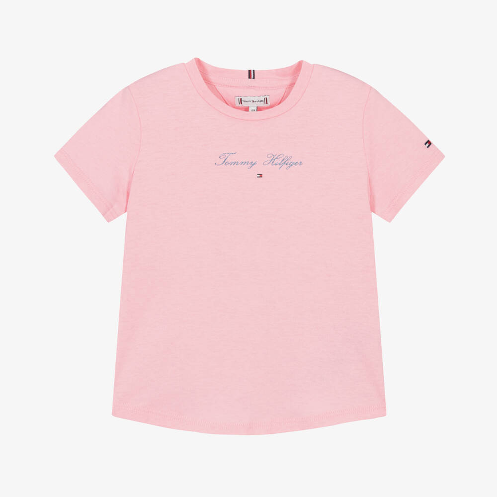 Tommy Hilfiger-Girls Blush Script Logo Tee | Childrensalon Outlet