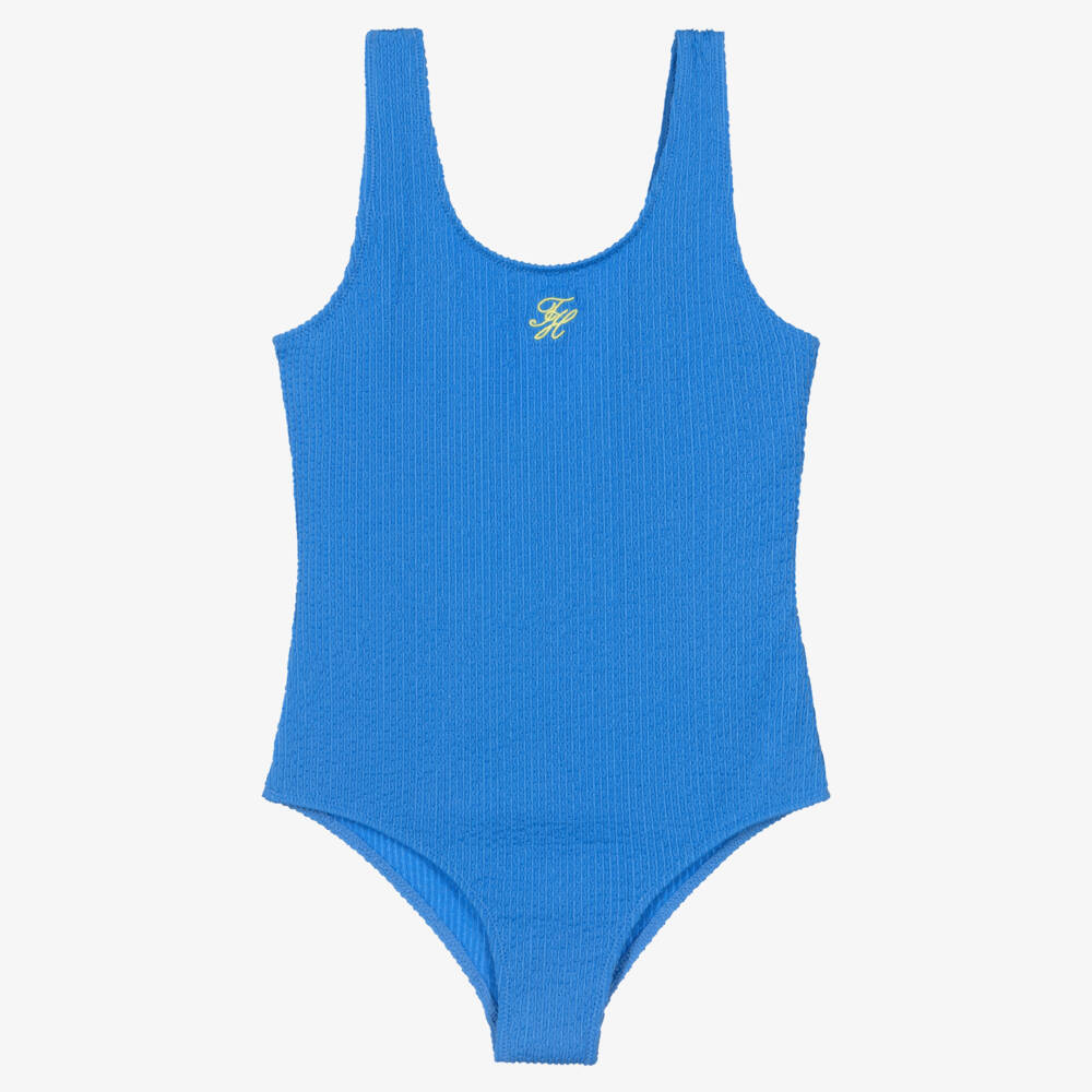 Tommy Hilfiger-Girls Bright Blue Crinkle TH Swimsuit | Childrensalon Outlet