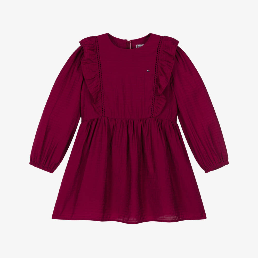 Tommy Hilfiger-Girls Burgundy Red Long Sleeved Ruffle Dress | Childrensalon Outlet