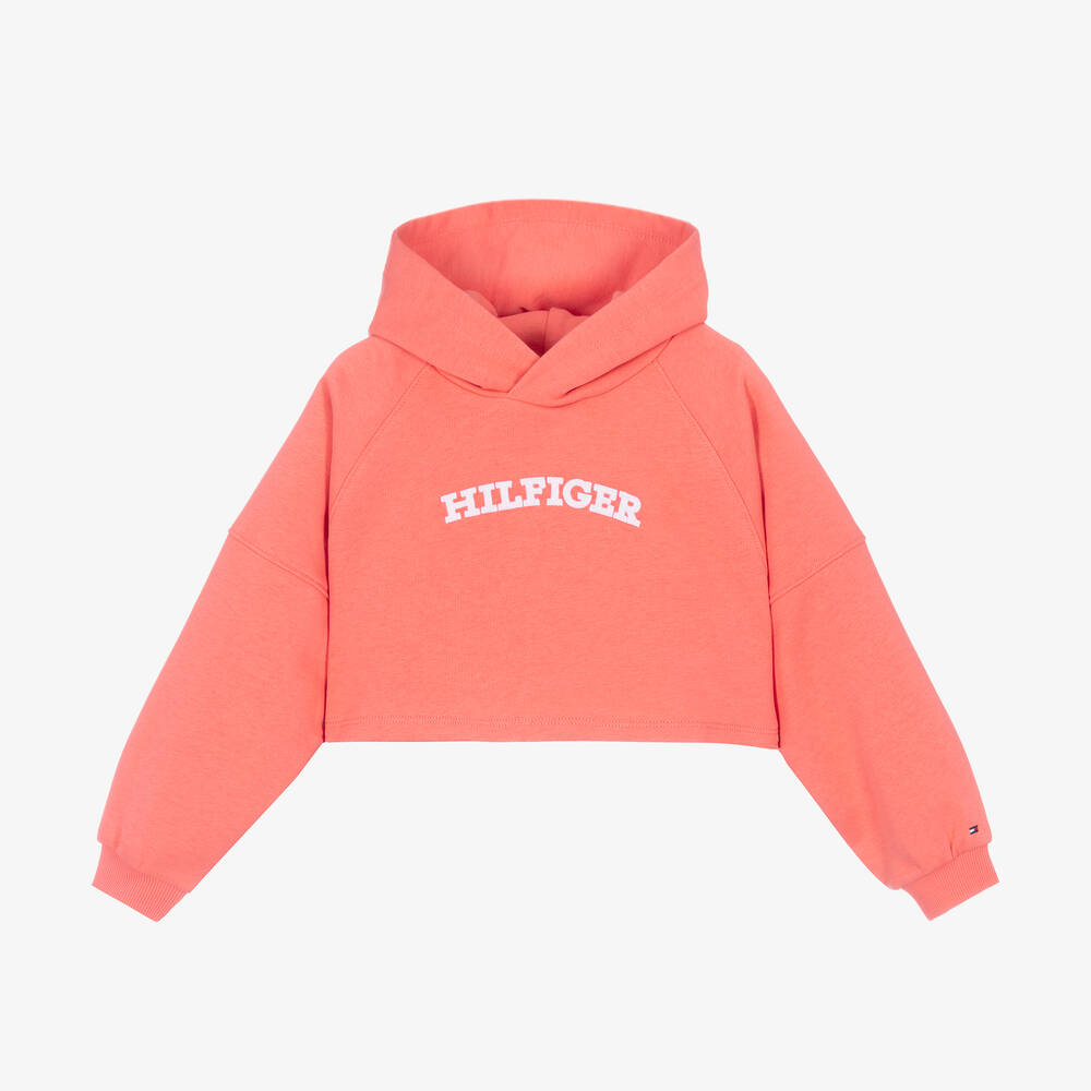 Tommy Hilfiger - Sweat à capuche rose corail en coton coupe boxy fille | Childrensalon