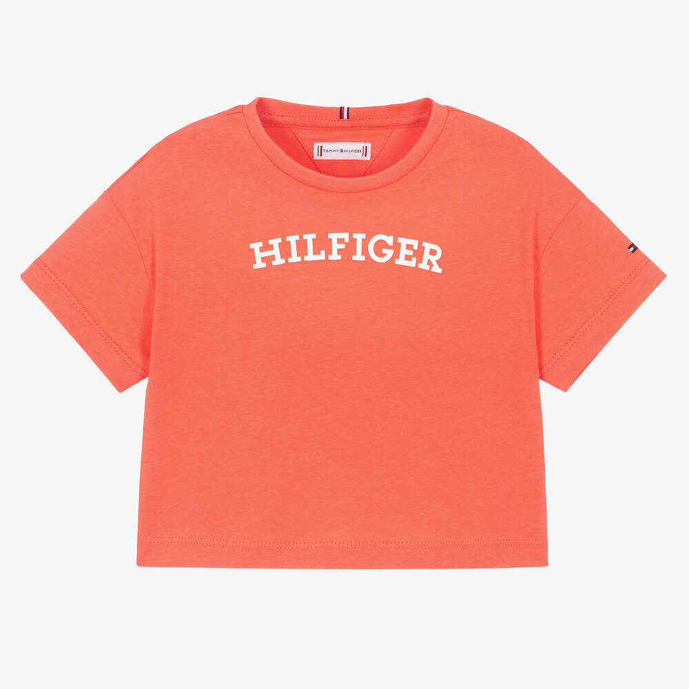 Tommy Hilfiger - Girls Coral Pink Cotton T-Shirt | Childrensalon