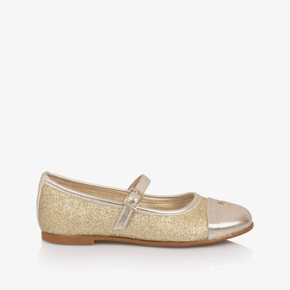 Tommy Hilfiger-Girls Glittery Gold Faux Leather Pumps with TH Monogram Logo | Childrensalon Outlet