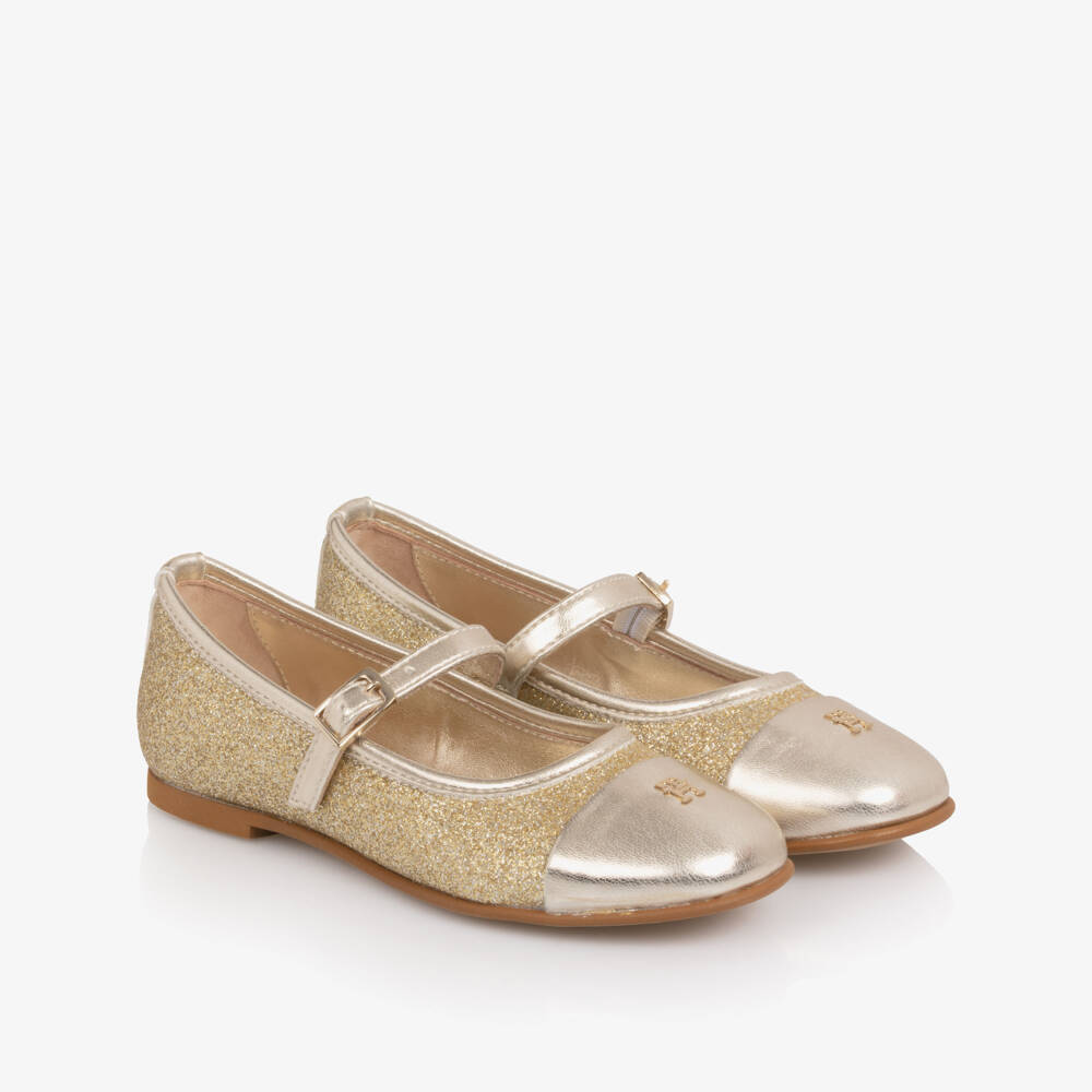 Tommy Hilfiger-Girls Glittery Gold Faux Leather Pumps with TH Monogram Logo | Childrensalon Outlet
