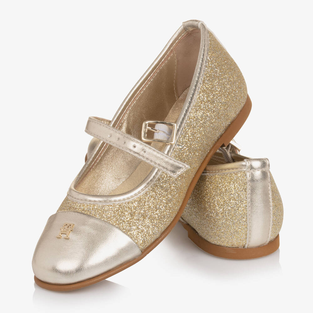 Tommy Hilfiger-Girls Glittery Gold Faux Leather Pumps with TH Monogram Logo | Childrensalon Outlet