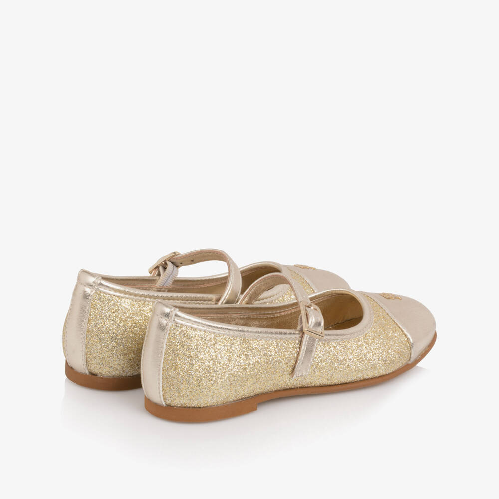 Tommy Hilfiger-Girls Glittery Gold Faux Leather Pumps with TH Monogram Logo | Childrensalon Outlet